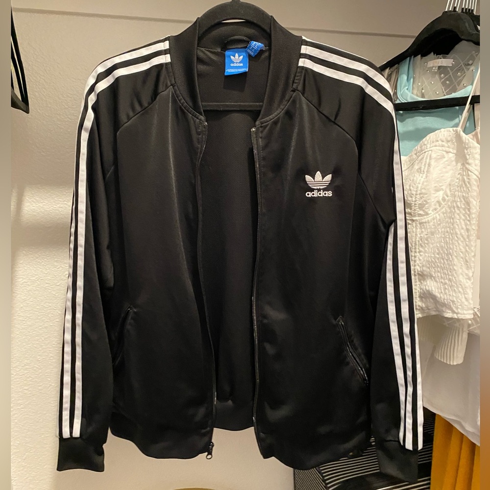 Adidas Black and White Bomber Jacket with Iconic Stripes